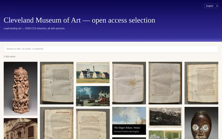 La collection du Cleveland Museum of Art en mosaïque : des dizaines d’œuvres côte à côte, et un champ de recherche au-dessus.